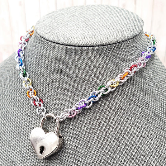 Silver Rainbow Heart Lock Collar