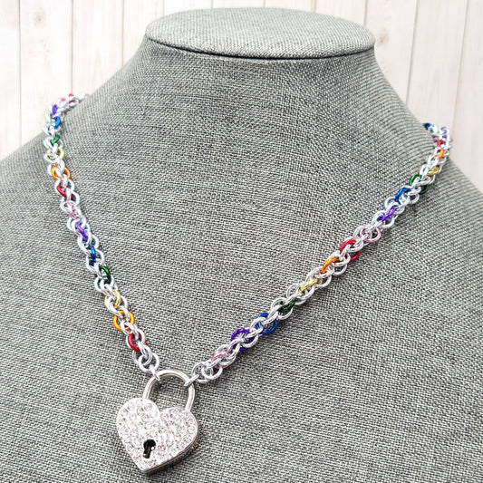 Silver Rainbow Studded Heart Lock Collar