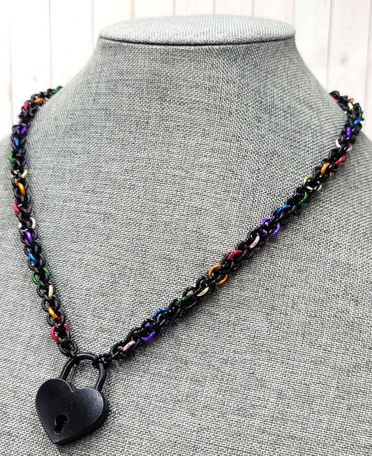 Black Rainbow Heart Lock Collar