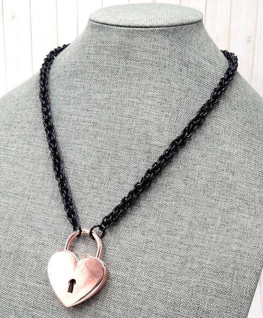 Black and Faux Rose Gold Extra Large Heart Lock Collar